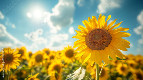 Sunlit sunflower with clear blue sky. A vibrant sunflower stands tall under the sunny sky  perfect for themes of summer  growth  and eco-friendly farming.