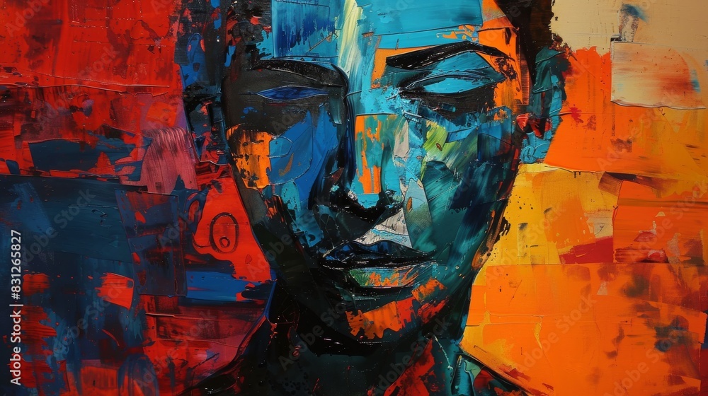 Colorful modern art depicting a textured abstract face