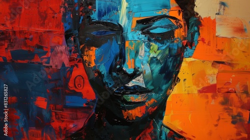 Colorful modern art depicting a textured abstract face