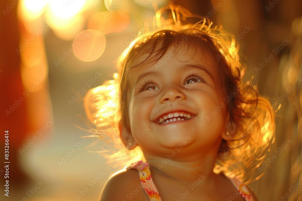 The pure and carefree joy of a happy and playful toddler girl. With a bright and vibrant smile. Enjoying the warmth and glowing rays of the golden hour sunlight in the summer The pure and carefree joy of a happy and playful toddler girl. With a bright and vibrant smile. Enjoying the warmth and glowing rays of the golden hour sunlight in the summer