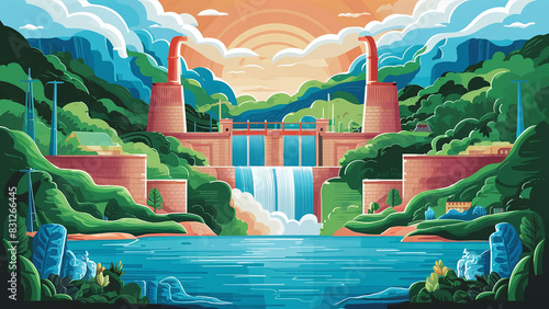 Vector illustration of hydroelectric power station facility