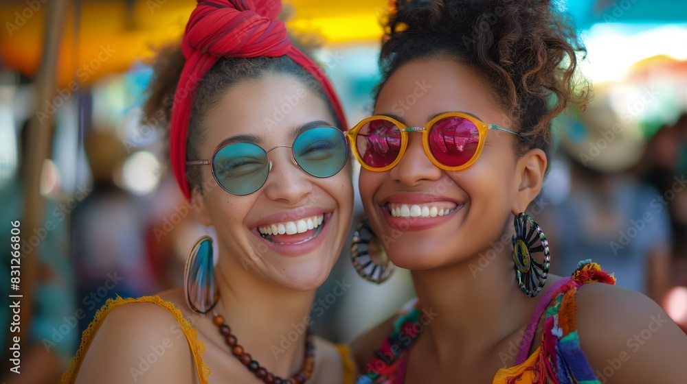 Vibrant friends at a festival, colorful fashion and joyous expressions embodying celebration and diversity, perfect for cultural and lifestyle content. Vibrant friends at a festival, colorful fashion and joyous expressions embodying celebration and diversity, perfect for cultural and lifestyle content.