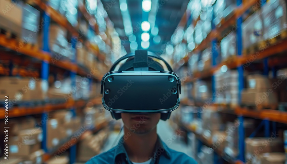 Obraz premium A woman wearing a VR headset stands in a warehouse by AI generated image