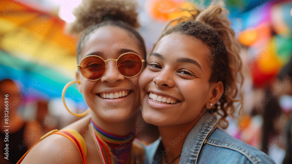 Delighted lesbian couple at a pride event, surrounded by colorful decorations. Perfect for themes of love, diversity, and community in social and cultural contexts. Delighted lesbian couple at a pride event, surrounded by colorful decorations. Perfect for themes of love, diversity, and community in social and cultural contexts.