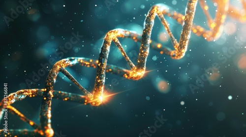 Golden DNA Helix with Sparkling Particles on a Blue Background