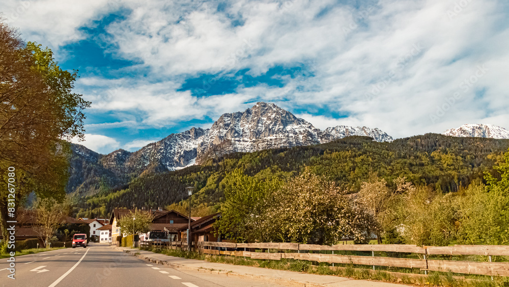 Alpine spring view with Mount Hochstaufen in the background near Anger, Berchtesgadener Land, Bavaria, Germany Alpine spring view with Mount Hochstaufen in the background near Anger, Berchtesgadener Land, Bavaria, Germany