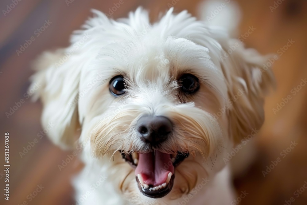 Adorable white dog with a cheerful expression looking up at the camera on a blurred background Adorable white dog with a cheerful expression looking up at the camera on a blurred background