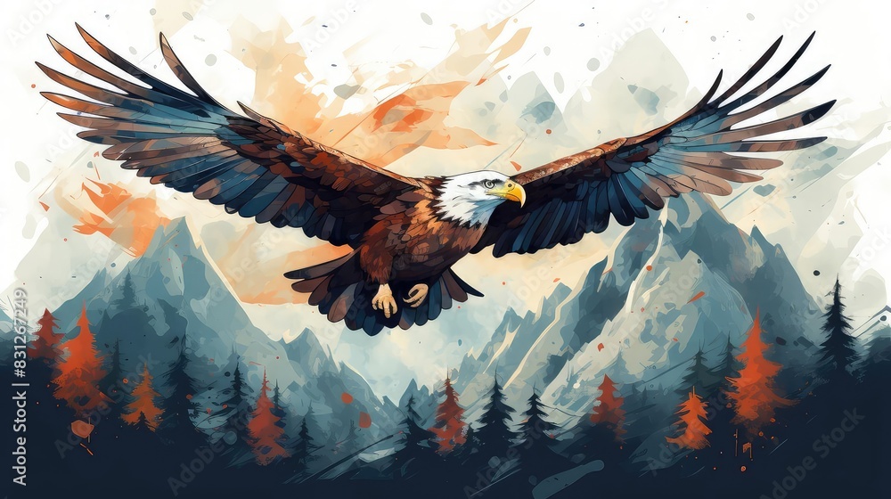 Obraz premium Bird flying over mountains, flat design, top view, mountainous theme, watercolor, Complementary Color Scheme