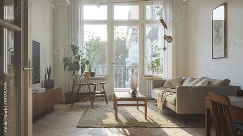 Scandinavian living room with clean lines, minimalist furniture, natural light, and cozy textiles