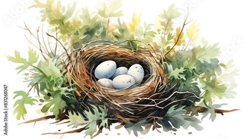 Bird nest with eggs, flat design, top view, forest theme, watercolor, colored pastel