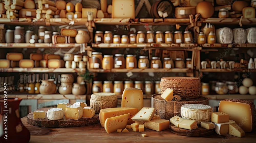 Variety of aged cheeses on a wooden board against a background with shelves full of different types and sizes of cheese in a rustic barn, warm color tones. Variety of aged cheeses on a wooden board against a background with shelves full of different types and sizes of cheese in a rustic barn, warm color tones.