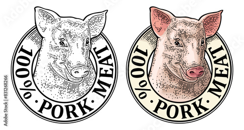 Pig head. 100 percent pork meat lettering. Vintage vector engraving