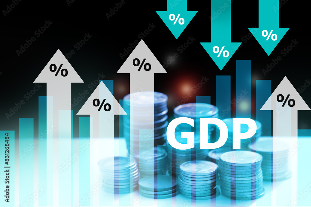 GDP with up and down arrow and coin stack; Gross domestic product concept GDP with up and down arrow and coin stack; Gross domestic product concept