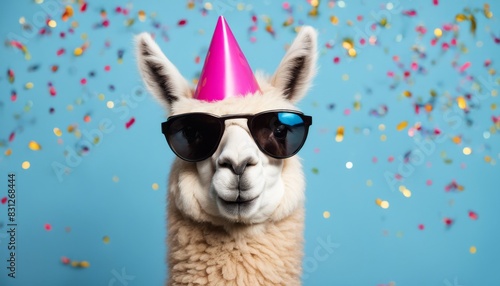 Fun alpaca wearing party hat and sunglasses with confetti background. Perfect for celebration and festive-themed designs. photo
