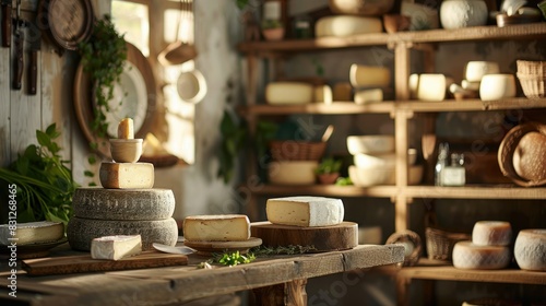 Variety of aged cheeses on a wooden board against a background with shelves full of different types and sizes of cheese in a rustic barn  warm color tones.