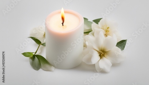 Lit candle with white flowers and green leaves on white background, creating a serene and peaceful atmosphere.