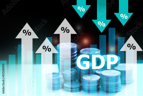 GDP with up and down arrow and coin stack; Gross domestic product concept