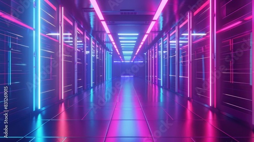 3d render of abstract futuristic digital glowing data center with computer bold color, big server room in background, wallpaper, tech concept, wide angle lens © Ammar