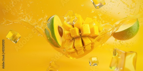Mango, in the air, splashing juice, yellow background © Andrus Ciprian