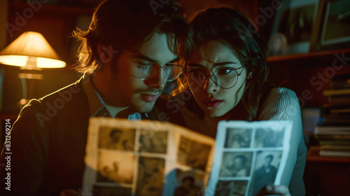 Mysterious couple investigating old photographs by lamplight. Suggests intrigue and discovery, great for storytelling, mystery themes, and historical content. photo