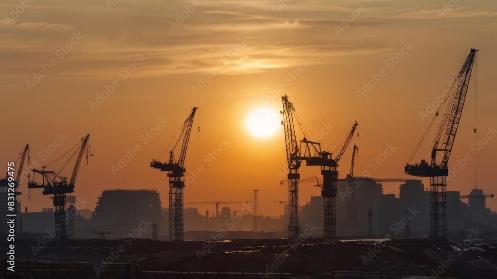 Silhouette of Engineer and worker on building site, construction site at sunset in evening time. Urban Construction Landscape, Ideal for architectural firms, construction companies, and real estate ag Silhouette of Engineer and worker on building site, construction site at sunset in evening time. Urban Construction Landscape, Ideal for architectural firms, construction companies, and real estate ag