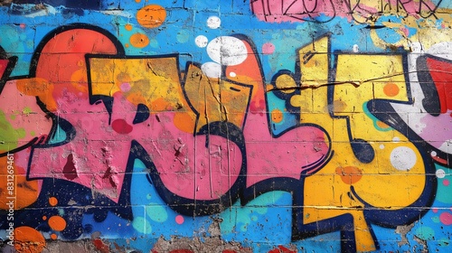 Graffiti art wall with colorful abstract designs  reflecting urban street culture and creative expression.