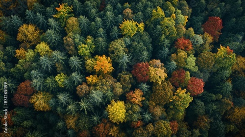 Aerial view captures autumn's beauty in a dense forest, showcasing seasonal change. Ideal for nature-themed content, environmental articles, and seasonal promotions, conveying natural beauty. © kaznadey