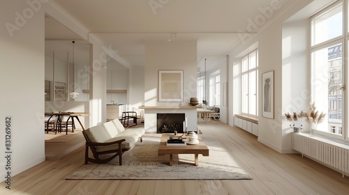 Scandinavian living room with a modern fireplace, minimalist decor, white walls, and wooden floors