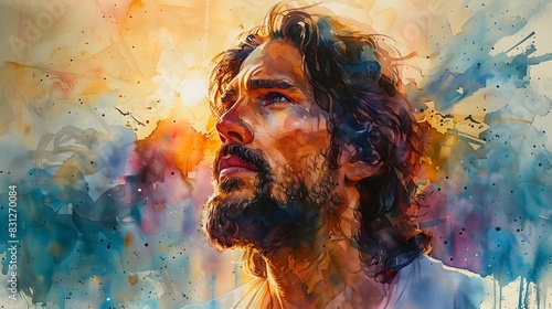 Divine Expression of Jesus Christ in a Watercolor Portrait with Renaissance Influence and Impressionist Technique photo