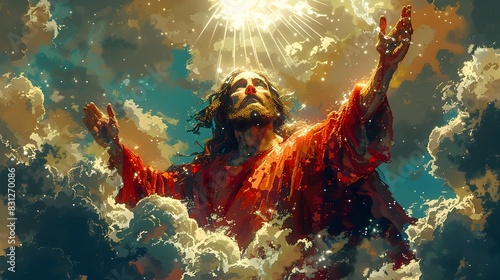 Pixel Art of a Transcendent Jesus Christ Ascending with Radiant Beams of Light photo