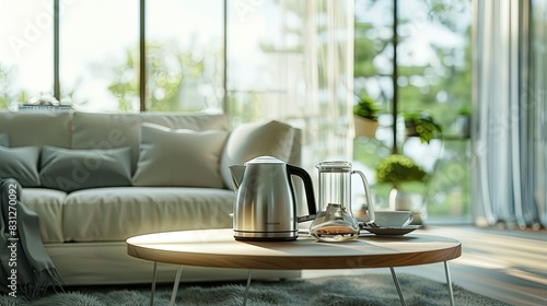 There is a teapot on a wooden table, tea is being brewed in the teapot, and a glass of water stands next to it. Modern living room interior design lets natural light through the window.
