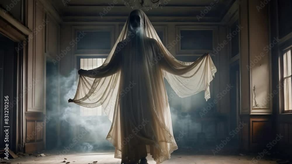 Dancing Ghost in Old Mansion with Smoke 4K features an A.I. Generated video of a ghostly female apparition standing in an abandoned room moving around with smoke in the background. Dancing Ghost in Old Mansion with Smoke 4K features an A.I. Generated video of a ghostly female apparition standing in an abandoned room moving around with smoke in the background.