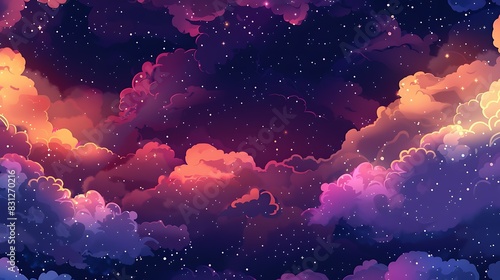 A beautiful night sky filled with fluffy clouds. The colors of the sky are a mix of purple, blue, and pink. photo