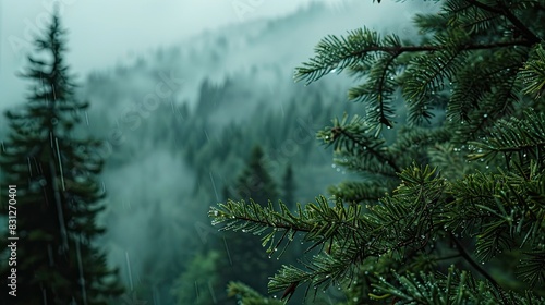 Close-up of pine branches in the foreground and misty forest trees behind them. The background is a dense mountain landscape shrouded in fog and clouds.