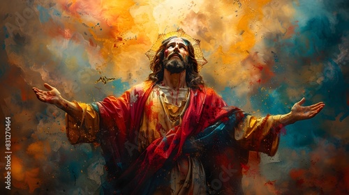 Benevolent Savior A Dreamlike Watercolor of Jesus Christ Welcoming with Open Arms in a BaroqueInspired Sacred Art photo