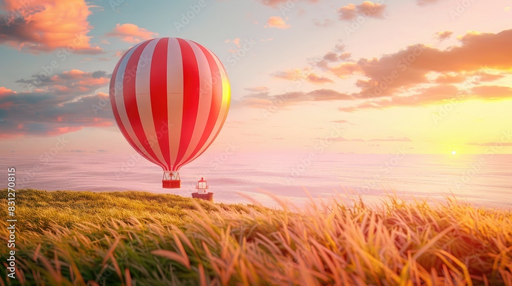 Fototapeta premium Red and white striped hot air balloon floating over the dunes of New Zealand, with a lighthouse in the background, sunset sky, dreamy, beautiful, colorful.