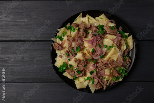 Beshbarmak, Kazakh meat, boiled meat with noodles, photo