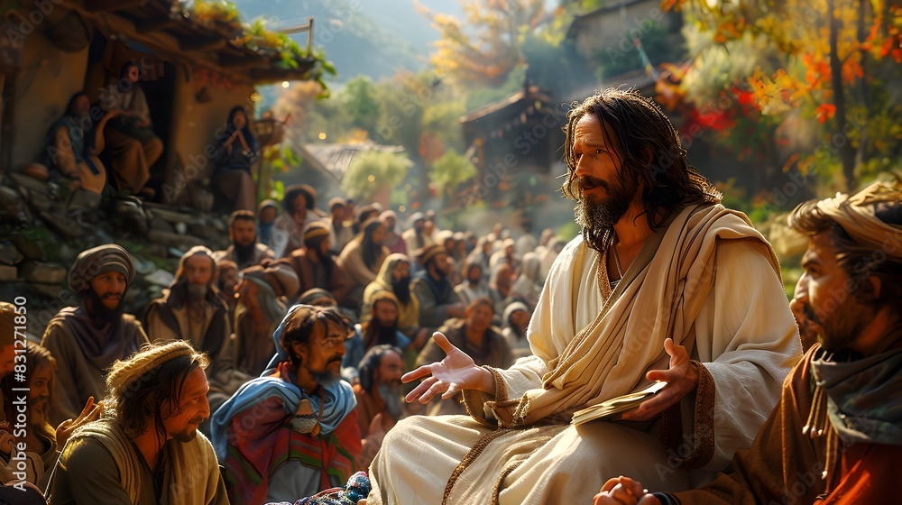Jesus Christ Passionately Sharing Wisdom with Attentive Disciples in SunDraped Outdoor Scene