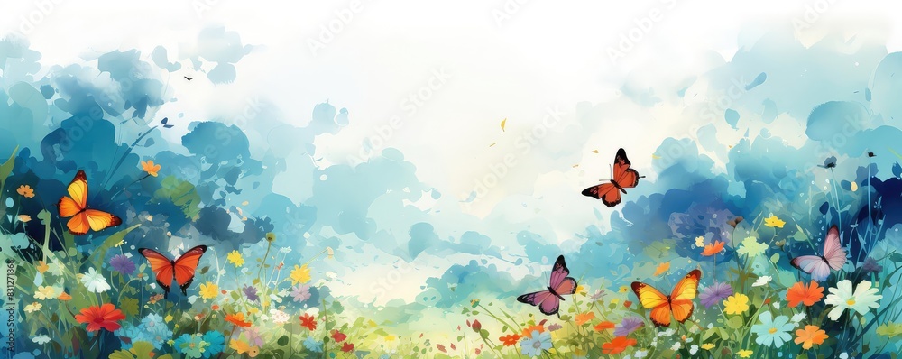 Butterflies in a meadow, flat design, front view, summer theme, watercolor, Splitcomplementary color scheme Butterflies in a meadow, flat design, front view, summer theme, watercolor, Splitcomplementary color scheme
