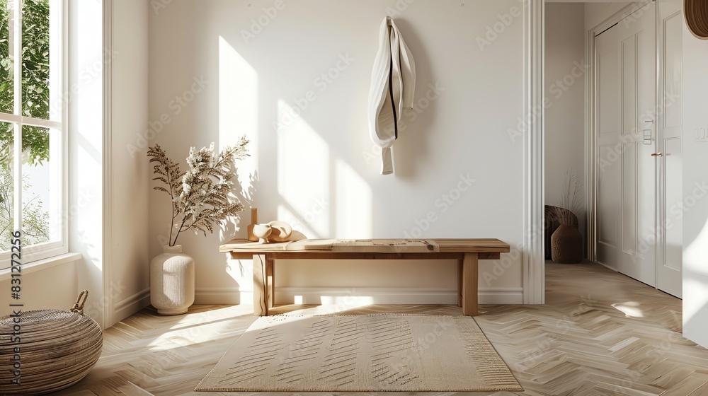 Scandinavian entryway with clean lines, wooden bench, natural light, and simple decor Scandinavian entryway with clean lines, wooden bench, natural light, and simple decor
