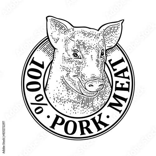 Pig head. 100 percent pork meat lettering. Vintage vector engraving