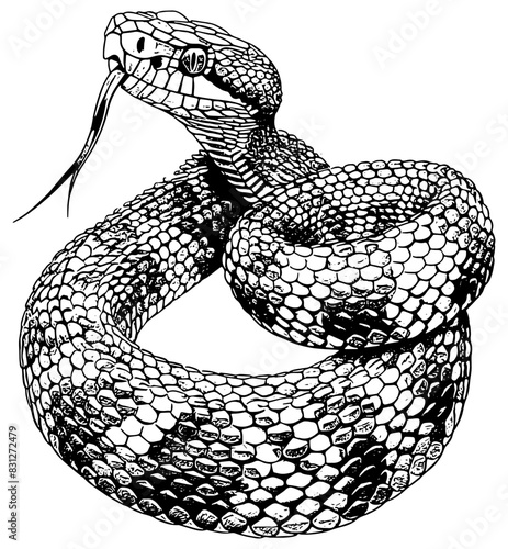 Illustration of a snake coiled up in black, isolated 