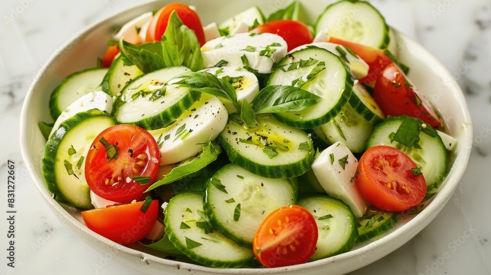 A bowl of mozzarella salad with cucumber, tomato and basil. The shots highlight mouth-watering food photography, highlighting the vibrant colors and textures of each dish. A bowl of mozzarella salad with cucumber, tomato and basil. The shots highlight mouth-watering food photography, highlighting the vibrant colors and textures of each dish.