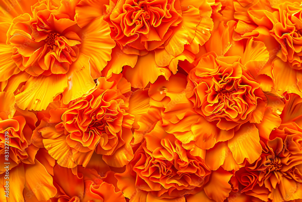 Background top view marigold  flowers. Postcard birthday, womans, mothers holiday, wedding invitation, event banner, flat lay style. Summertime floral texture close up, copy space.
