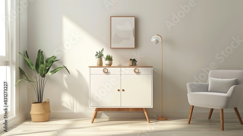 Scandinavian storage cabinet with sleek design  white finish  and simple decor