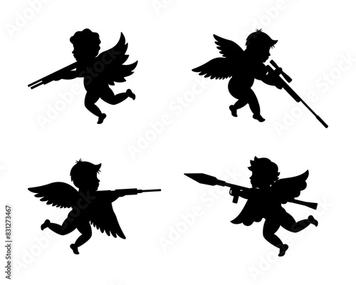 Angels with guns. Cupid shooting a gun. Angel with a wings. Cherubs silhouette. Vector illustration.