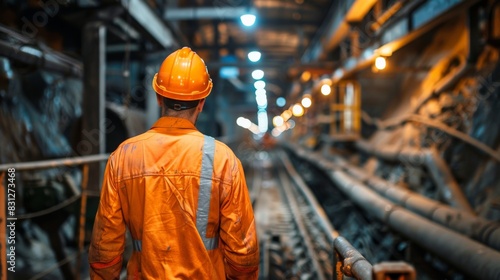 The photo shows a worker in an industrial setting A miner wearing an orange hard hat and protective workwear is standing in a mine.