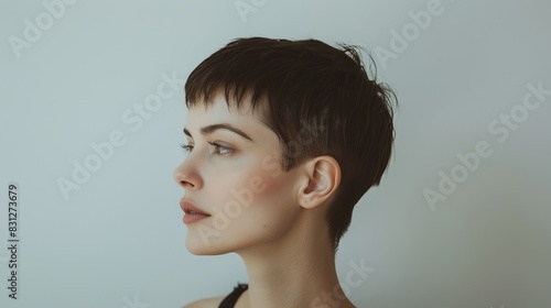 A serene portrait of a woman with short hair looking thoughtfully to the side