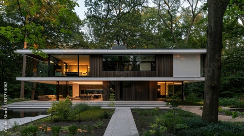 Modern two-story house with black and white facade, minimalist style, front view at dusk, illuminated windows, courtyard garden with trees and flowers, modern architecture.