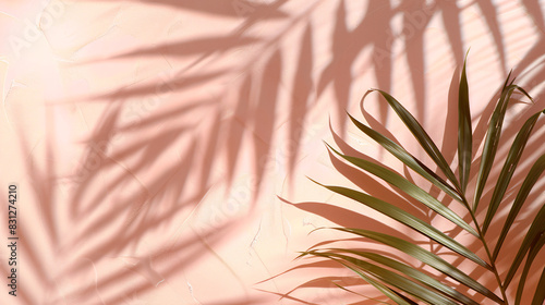 Gentle shadows from palm fronds on a pastel pink surface  offering a simplistic yet visually appealing setting for highlighting items in a light  summery atmosphere